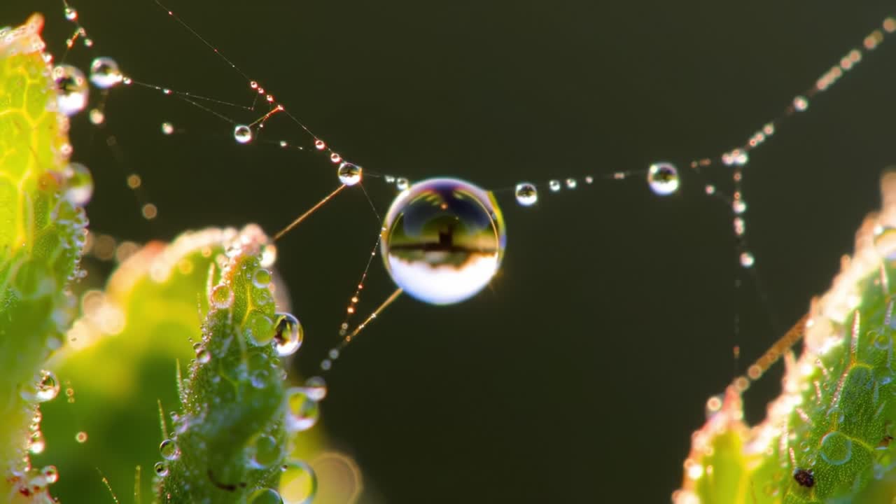A Stunning Close-Up of Water Droplets on a Web, Capturing Nature's Intricacies and the Beauty of Dew in Morning Light