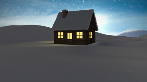 animation of snow falling over over house in winter scenery