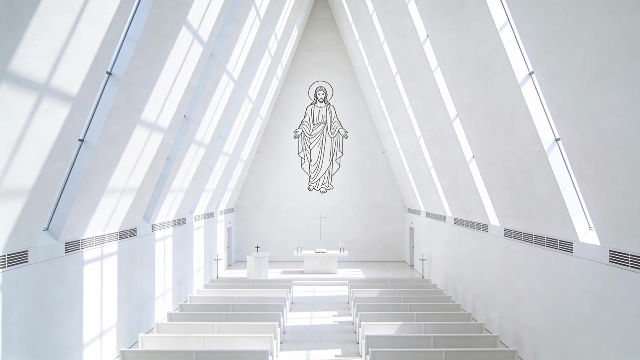 Shifting sunlight entering glazing moving across chapel apse and altar, highlighting mural, crosses