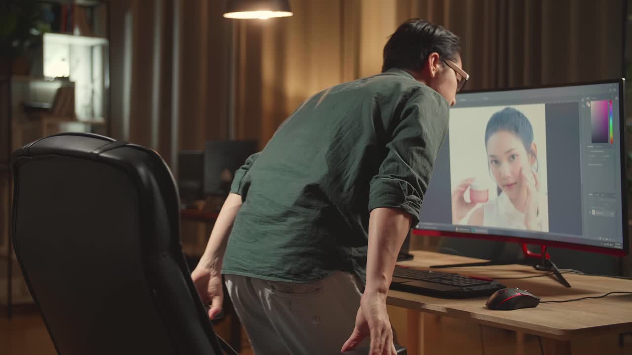 Asian Male Digital Editor Start Works In Photo Editing Software On His Personal Computer With Big Display, He Works At Night