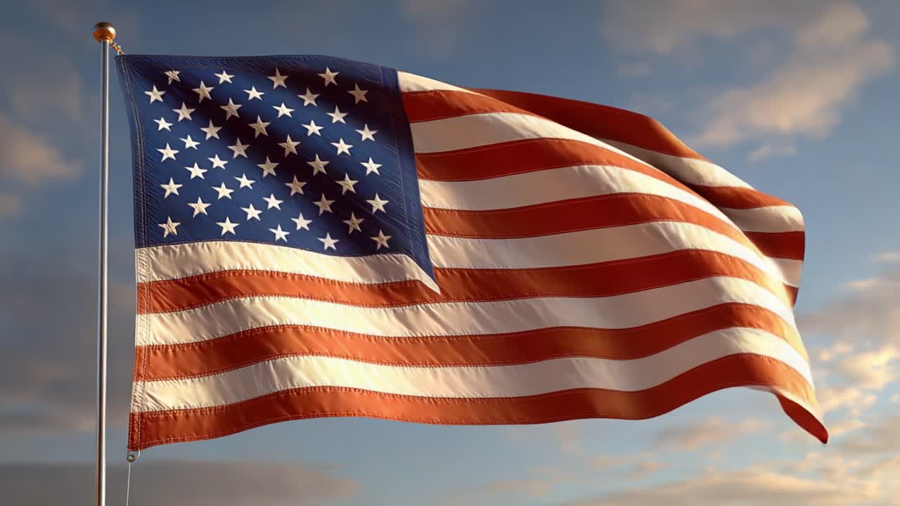 En majestetisk fremvisning av det amerikanske flagget som vaier stolt mot en vakker himmel, symboliserer frihet, enhet og nasjonal identitet.
