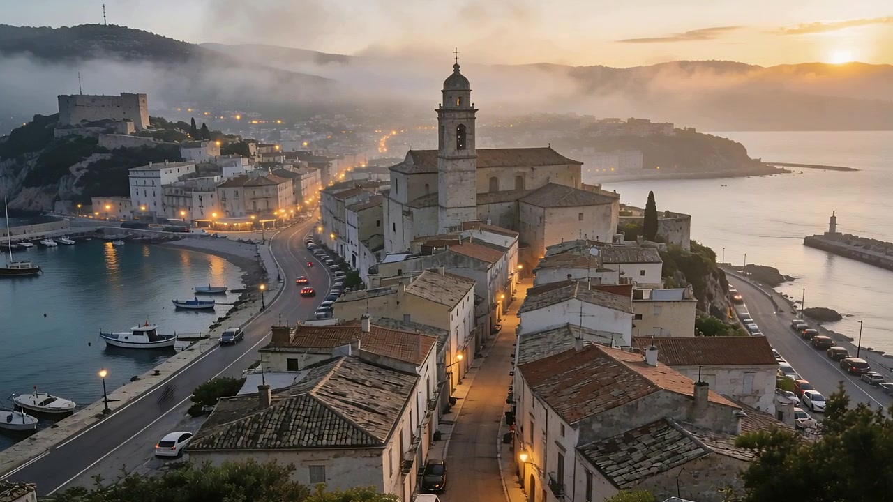 L'alba che dirada la nebbia e illumina una chiesa in pietra e una strada in discesa da un punto panoramico, con auto in transito.