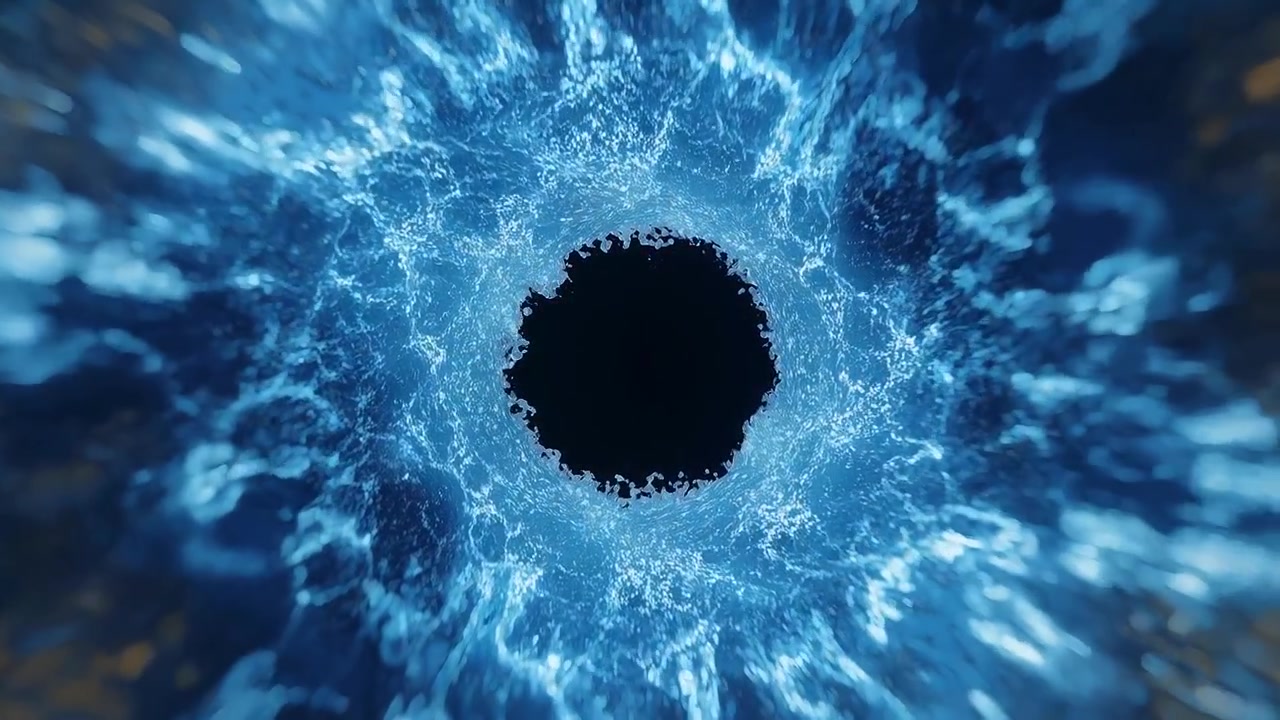 Driving central dark void pushing luminous blue ring outward in abstract backdrop, particle spray