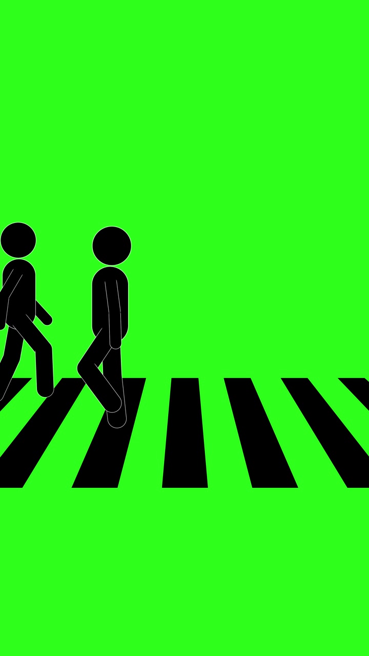 Looped animation of stick figure pedestrians walking across vertical crosswalk on bright green background
