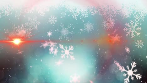 animation of snow falling over light trails on blue background at christmas