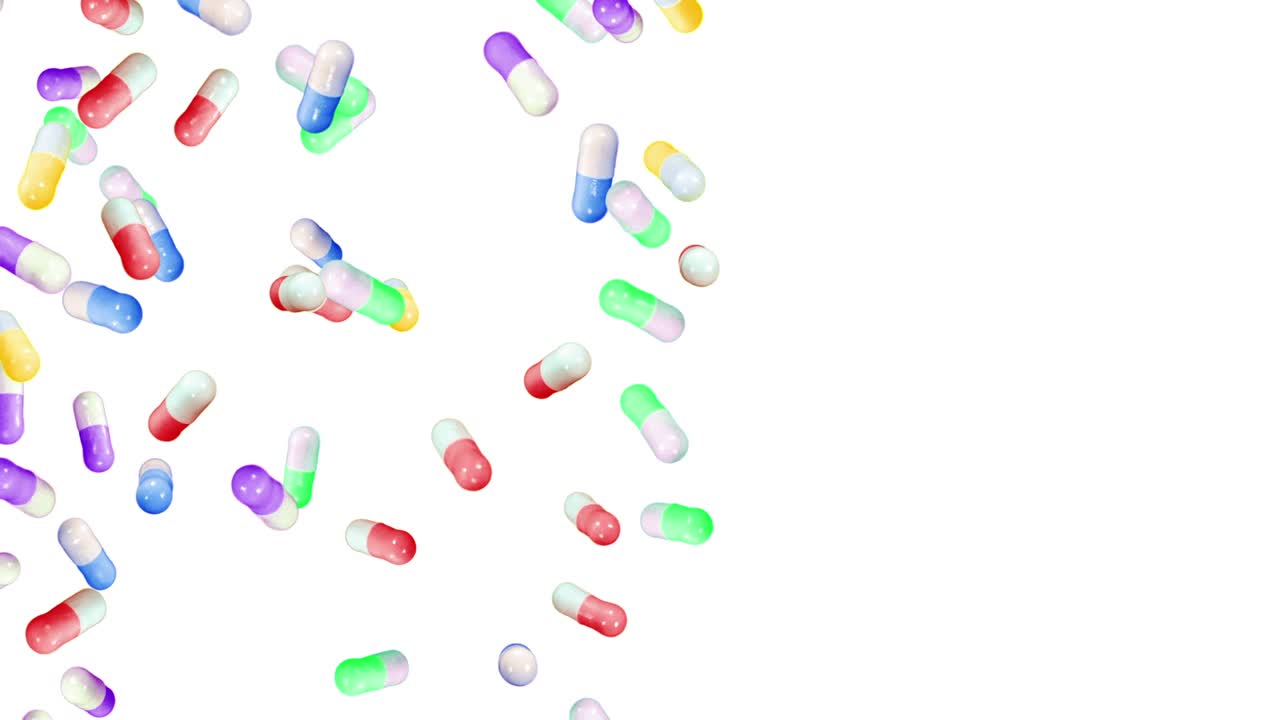 volando muchas cápsulas médicas en fondo blanco. concepto de medicina y farmacia. animación 3d de coloridas cápsulas de pastillas girando. animación de bucle.