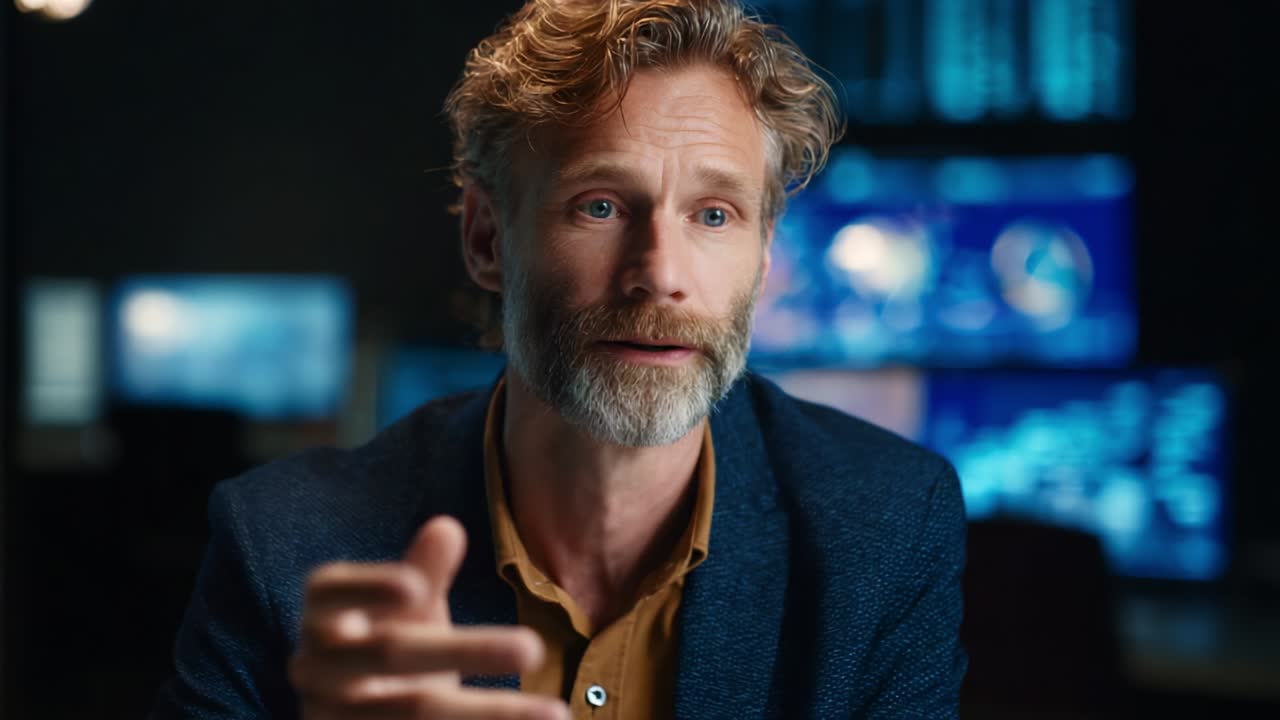 A Thoughtful Discussion: An Engaging Conversation Showcasing Insights and Perspectives by a Bearded Professional in a Modern Office Environment Among Digital Displays and Technological Elements