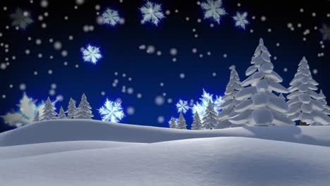 Animation-of-snow-falling-over-trees-on-blue-background