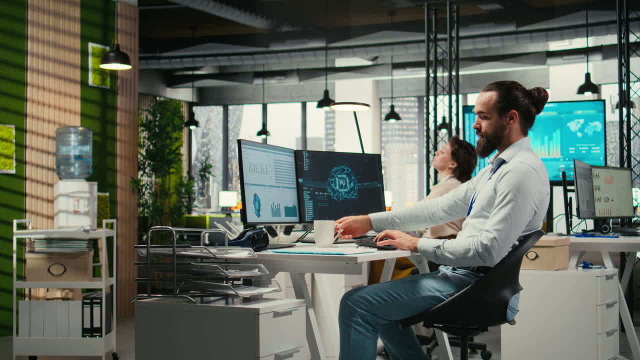 Vertical Video IT specialist uses AI neural networks for data sharing and digitalization