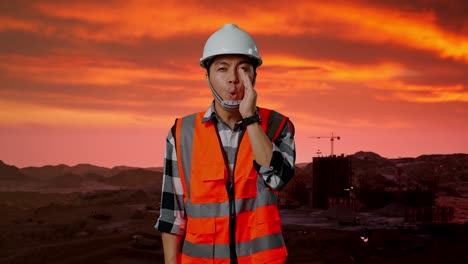 trabajador de la construcción gritando en un sitio de construcción al atardecer