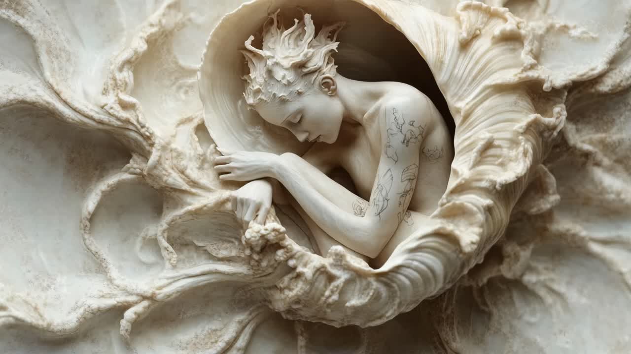 Sculptural depiction of a woman nestled within a swirling, shell-like form