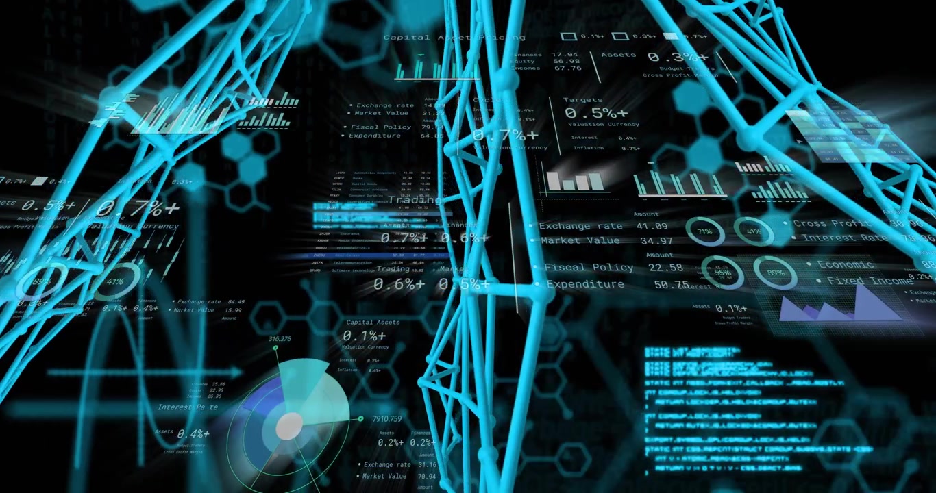 Blue wireframe lattice moving through analytics space, camera shift revealing charts and radar