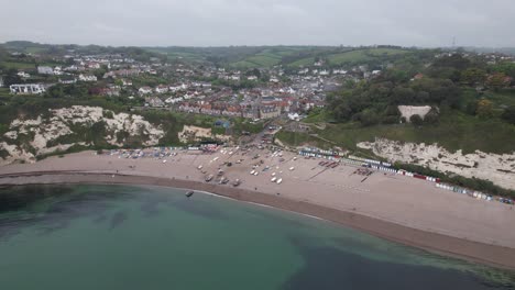 Bier-Fischerdorf-Und-Strand-Devon-England-Drohne-Luftaufnahme-Hoch-Blickpunkt