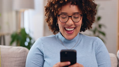 happy, phone and relax with woman on sofa