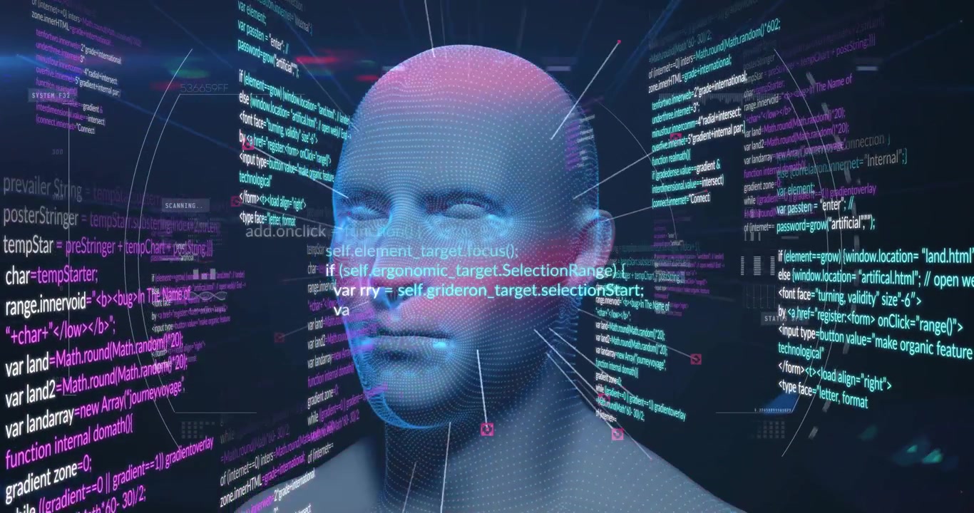 Digital Human Head Surrounded by Floating Programming Code