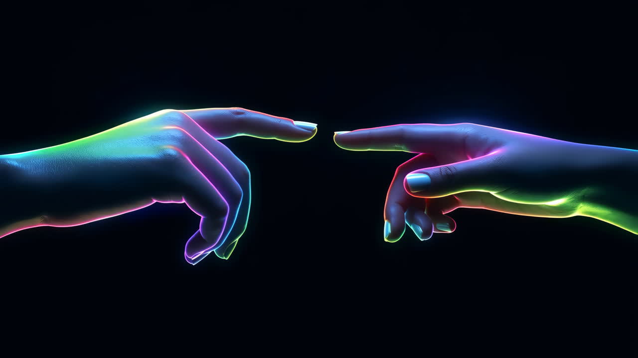 Digital Interpretation of The Creation of Adam with Neon Hands