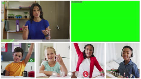 animation of six screens of diverse children, teacher and green screen during online school lesson