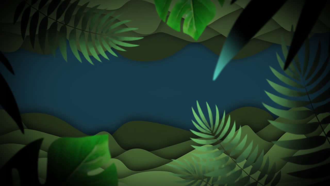 Animation of lush green tropical leaves framing dark blue background with foliage