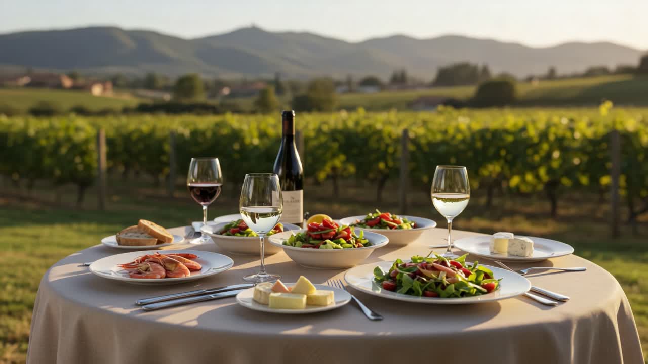 A Scenic Outdoor Dining Experience with Exquisite Cuisine, Fresh Salads, and Fine Wine Next to Lush Vineyards in the Golden Glow of Sunset