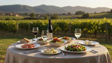 a scenic outdoor dining experience with exquisite cuisine, fresh salads, and fine wine next to lush vineyards in the golden glow of sunset