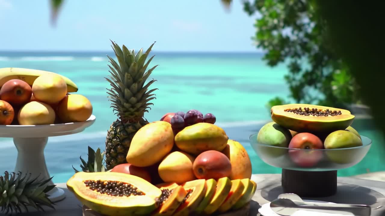 Vibrant Display of Tropical Fruits Showcased Against a Breathtaking Seaside Backdrop, Highlighting Nature's Bounty and the Beauty of Fresh Produce
