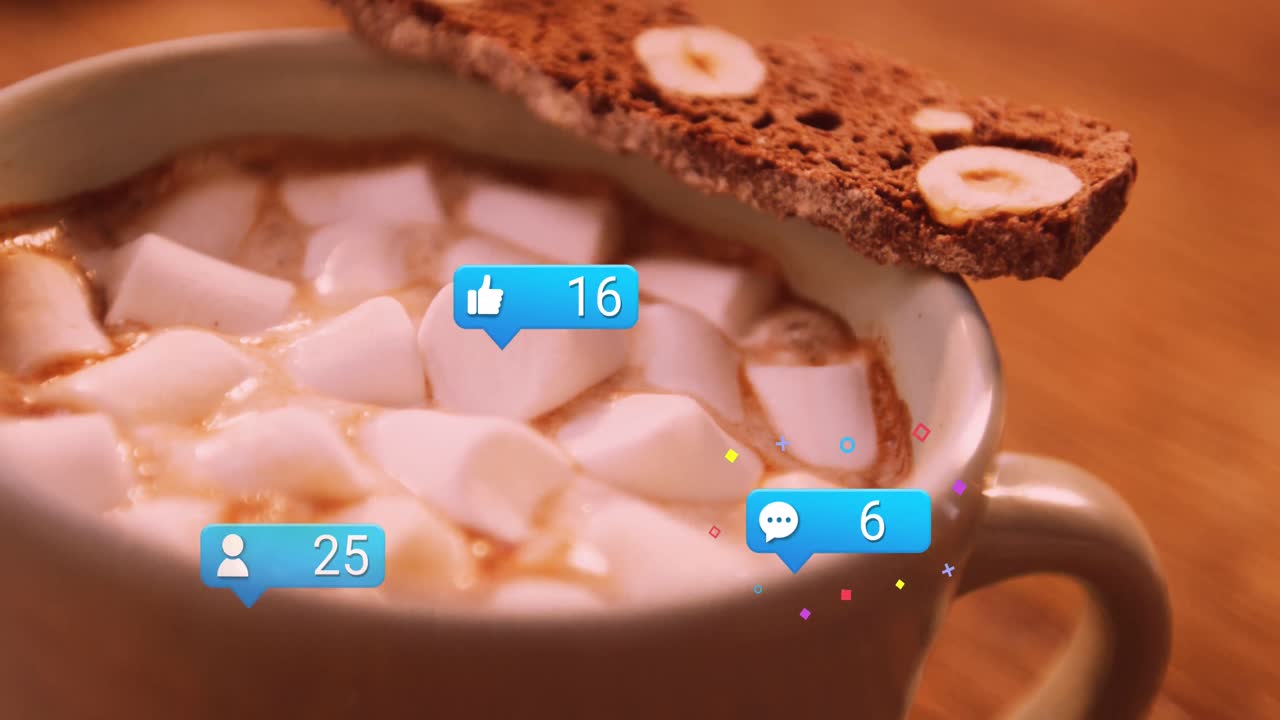 animación de iconos de los medios y cacao con malvaviscos en navidad