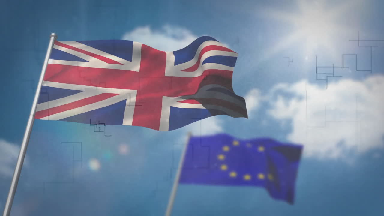 UK and EU flags waving, animation of digital connections over blue sky background