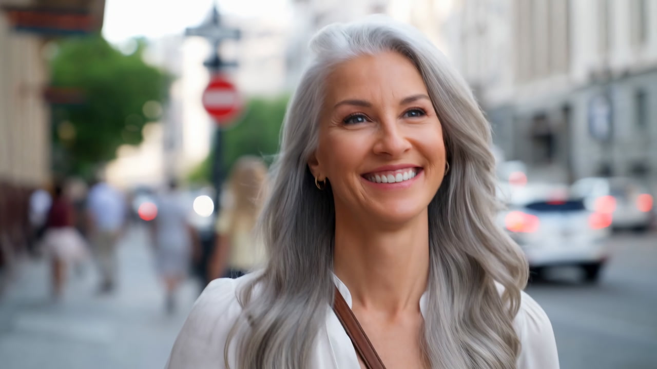 Smiling White Woman Walking City Street, Mature Professional Enjoying Urban Life, Soft Evening Light, Blurred