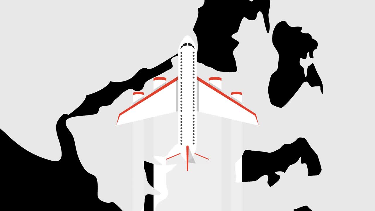 항공기 여행: 전세계 항공기와 함께 여행 컨셉, 만화 스타일, 알파 채널에서 루프 애니메이션, 4k 해상도