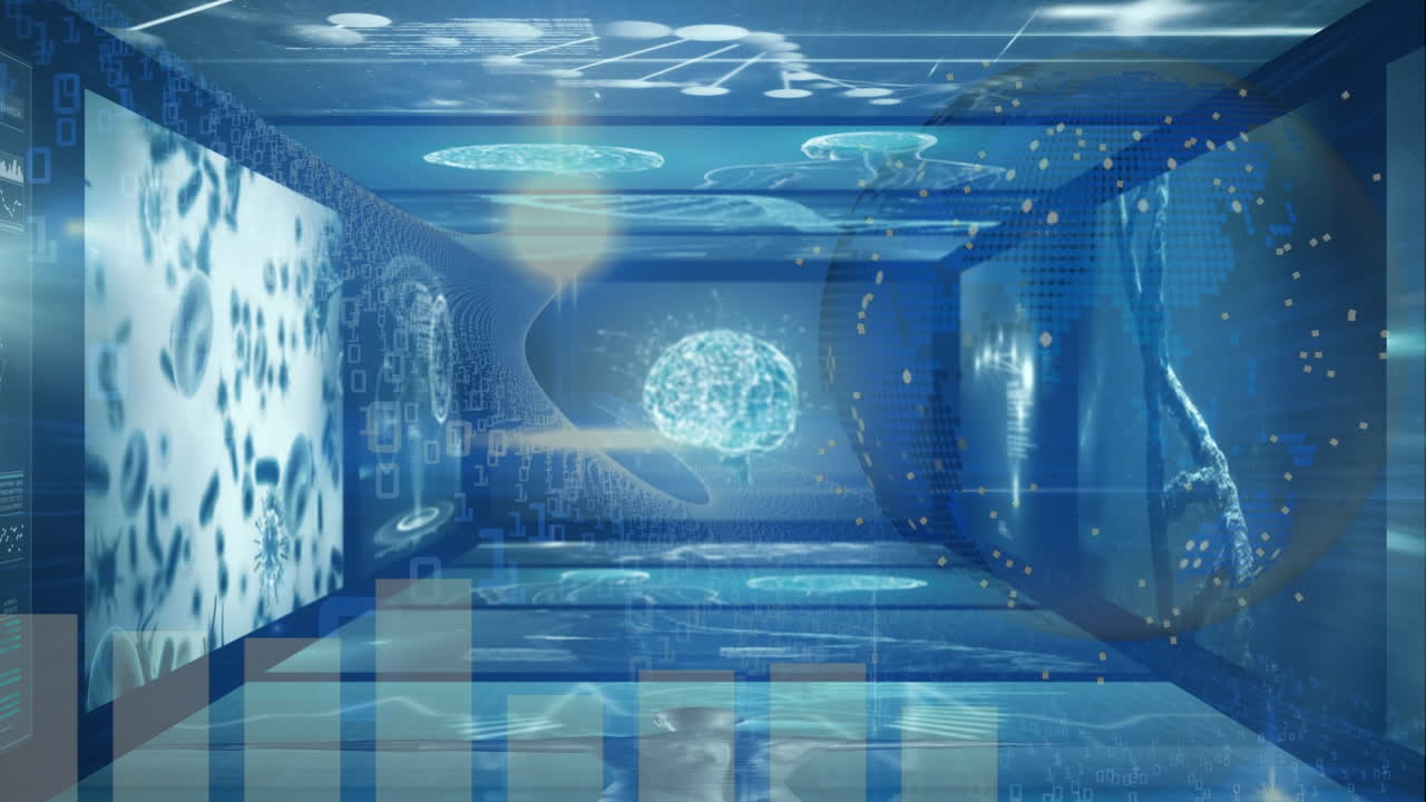 데이터 처리의 애니메이션과 파란색 배경 위의 지구