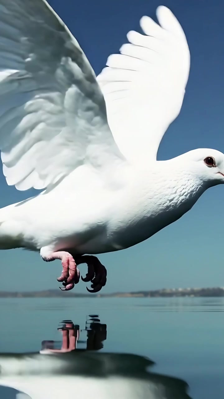 Lodret video: Hvid flagrende due flyver lavt over en sø, med refleksion og bøjer synlige, samt plads til tekst.