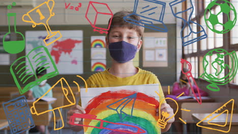 animation of school items icons moving over schoolboy wearing face mask