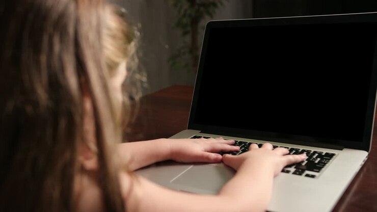 Children distance education lesson, technology kids. Child girl doing school