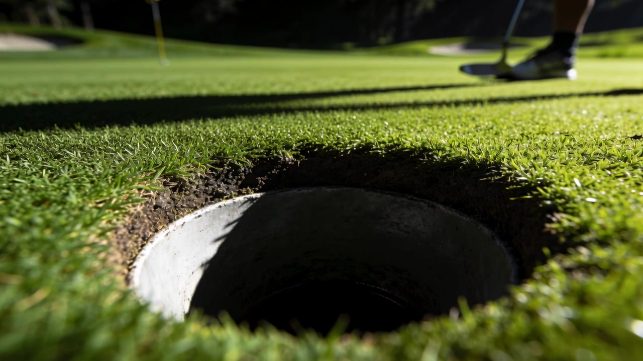 Pulling camera framing cup, showing golfer in shoes planting feet, aligning putter preparing stroke