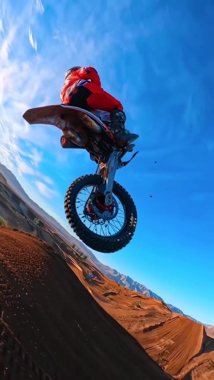 Piloto de motocross radical saltando em uma pista de terra durante o pôr do sol
