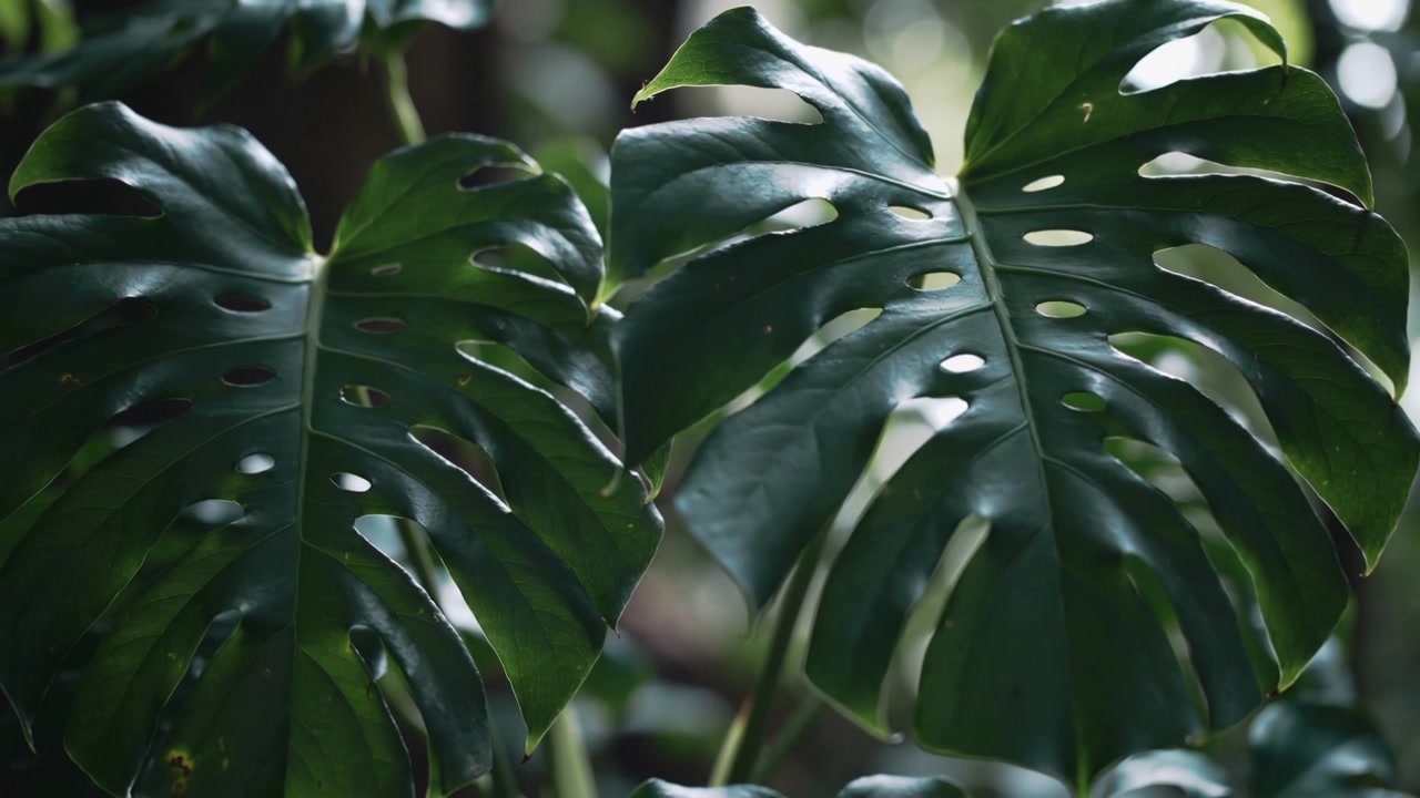 Foglie di Monstera che ondeggiano, mosse da una leggera brezza in giardino, mostrando venature, steli e bokeh.