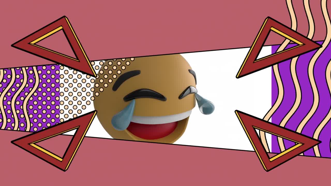 animación digital de formas abstractas y coloridas contra el emoji de la cara riendo sobre un fondo púrpura