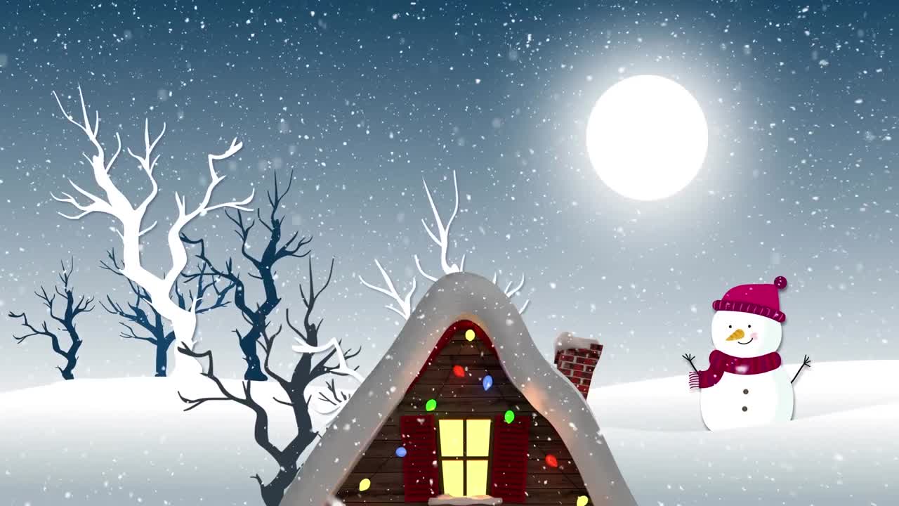 animación de nieve cayendo sobre la casa y el muñeco de nieve