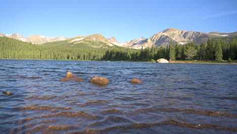 rocky mountains with pine trees viewed across snow melt lake during the morning, static