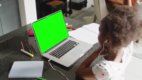 Animation-of-african-american-girl-in-earphones-having-online-lessons-on-laptop-with-copy-space