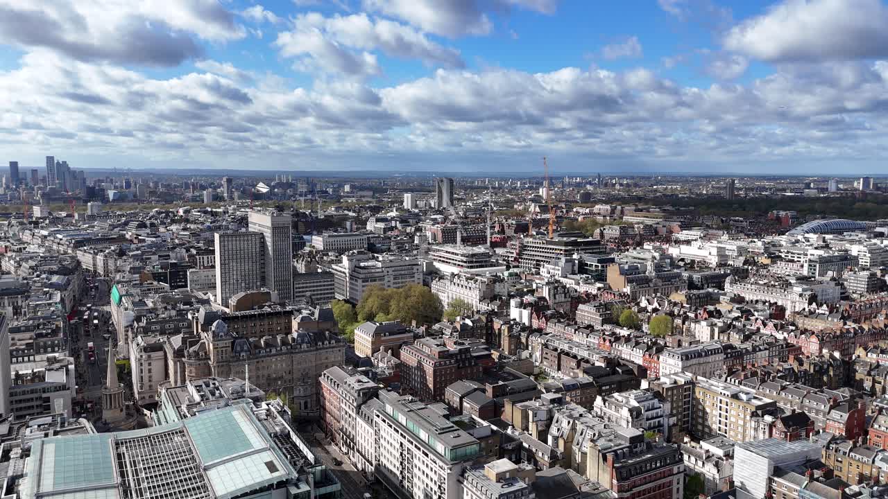 Regent street London view over BBC Broadcasting House Aerial 4K footage