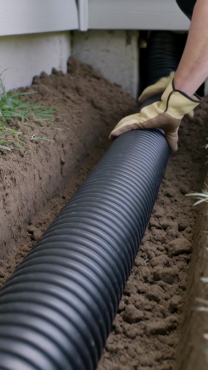 Vertikal video: Arbeider med gule hansker legger korrugert rør ved fundamentet for drenering.