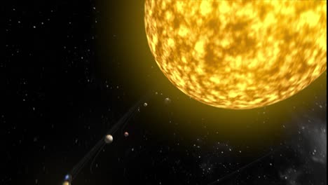 recorrido de sobrevuelo animado en 3d altamente detallado a través del sistema solar, con planetas sin etiquetar en orden, en órbita alrededor del sol