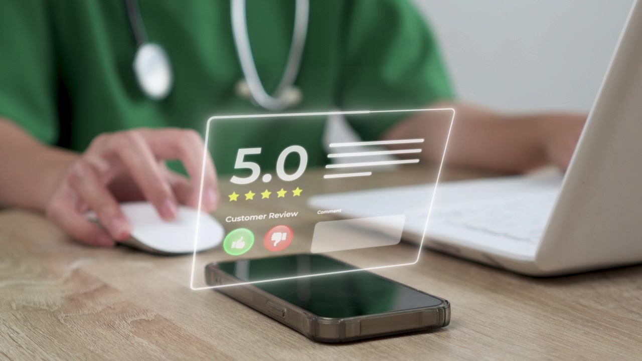 Close up of nurse using laptop with Digital customer review interface peep out on smart phone