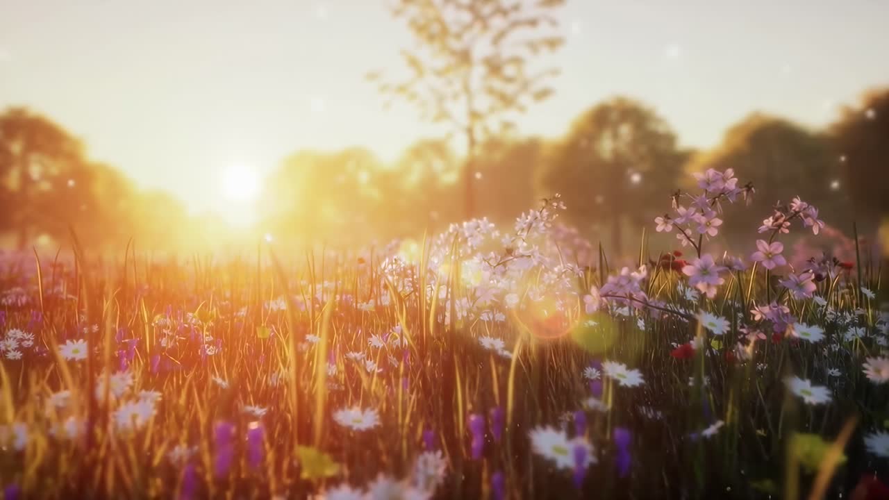 A serene, low-angle video of a sunlit meadow with wildflowers, capturing a tranquil sunrise