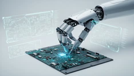 a robotic hand interacting with a circuit board, showcasing advanced technology and artificial intelligence in electronics and automation processes