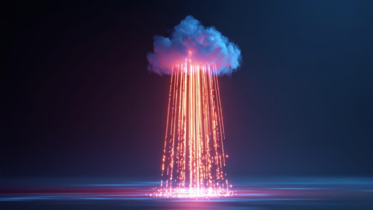 A Dramatic Display of a Futuristic Cloud with Vibrant Light Beams Radiating Downward, Illuminating the Surrounding Area in a Stunning Visual Experience