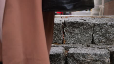 a woman in black shoes walking on a stone path