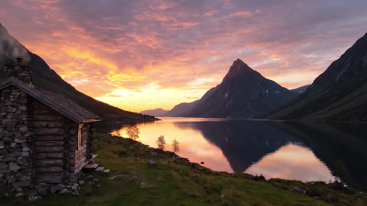 Coucher de soleil époustouflant sur un lac serein enveloppé de montagnes majestueuses et d'une cabane rustique dans une nature sauvage tranquille