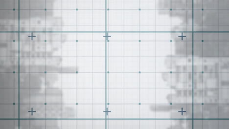 grid lines and measurement points animation over blurred architectural structures